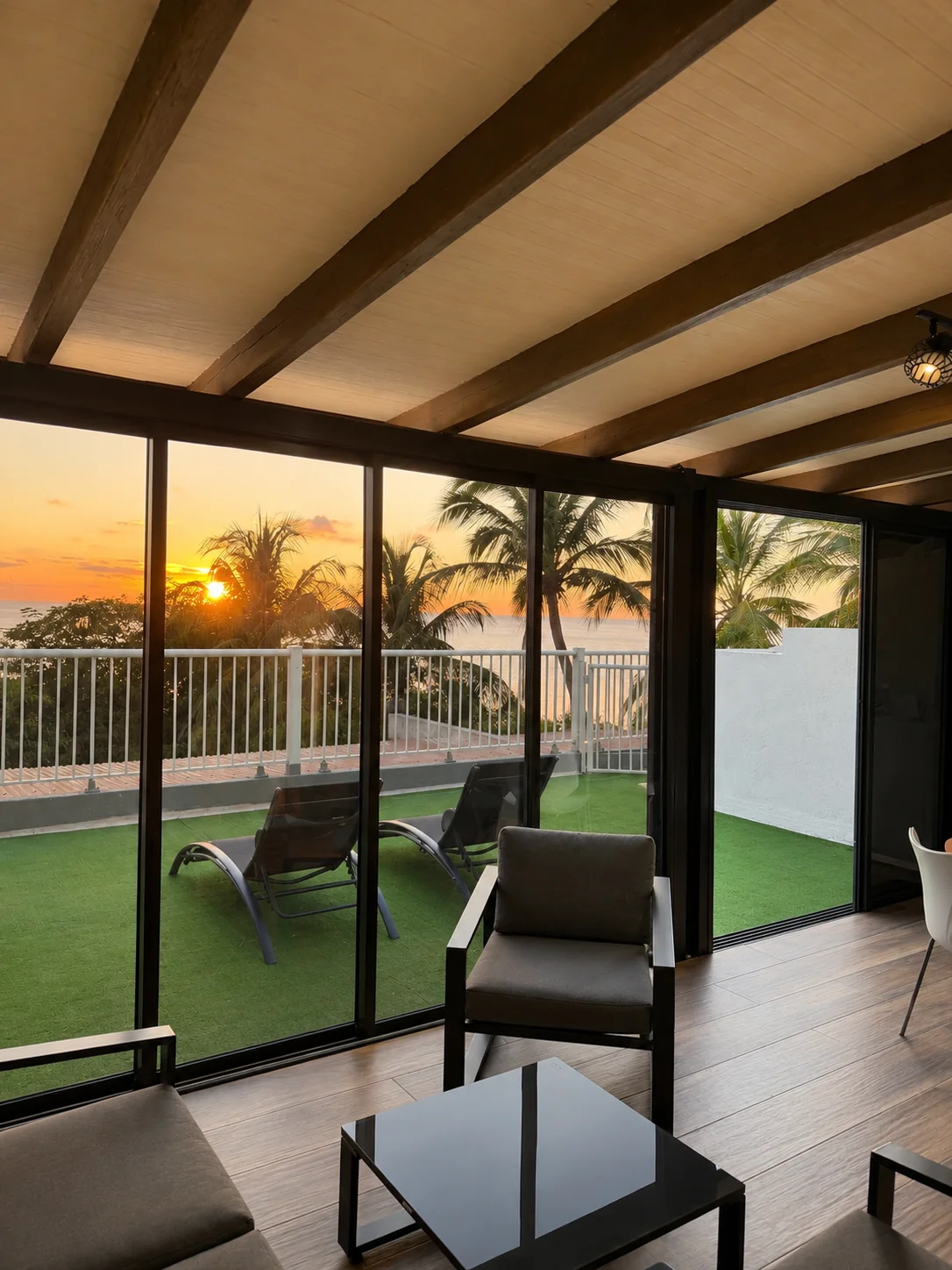 Appartement Colibri - Vue intérieure depuis le séjour vers la terrasse au coucher de soleil