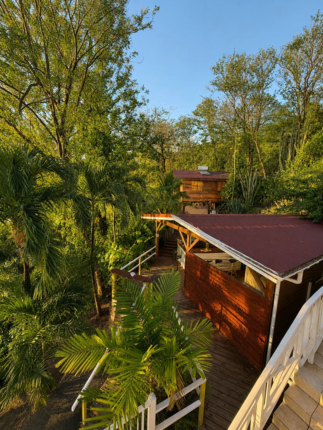 Terrasse en bois et toit rouge du bar dans la jungle tropicale, vue aérienne